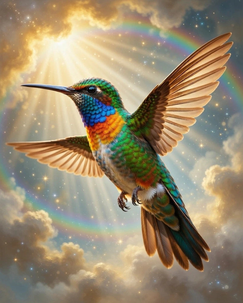 Hummingbird 4K wallpaper digital art print, colorful bird with wings spread