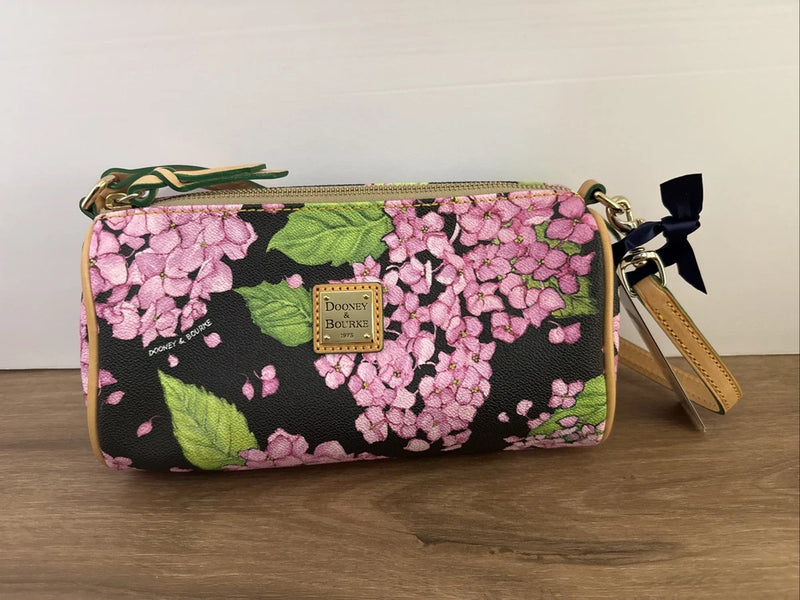Dooney & Bourke Pink / Black Hydrangea Monogram Small Barrel Purse Hydrangea