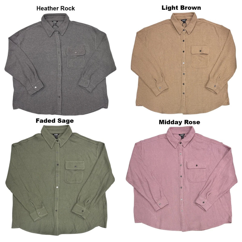 Women’s waffle-knit button-up shirt with long sleeves, collared neckline, and chest pocket