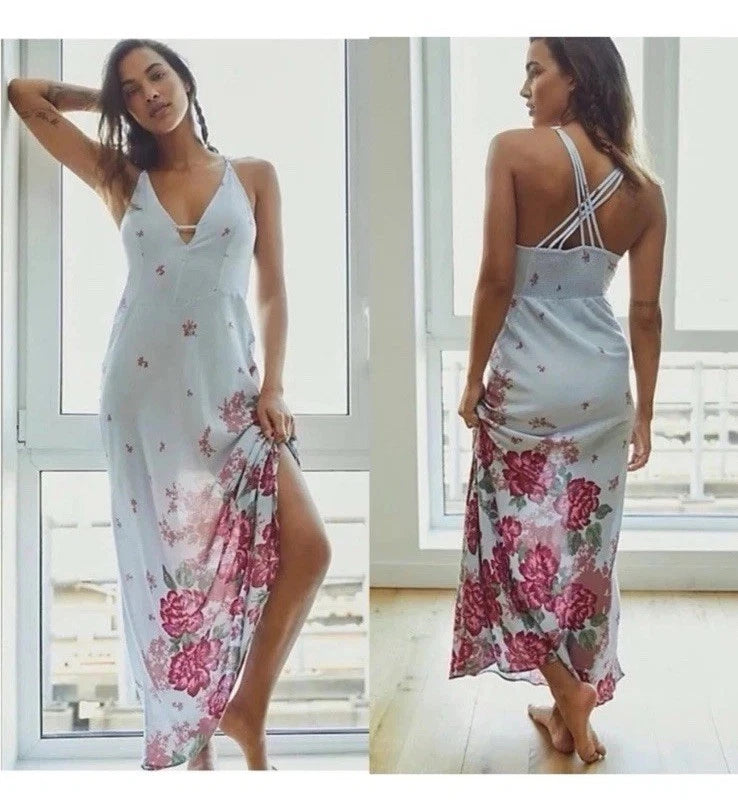 Free People Get to You Printed Maxi Dress Hydrangea Combo NEW Size Small Hydrangea