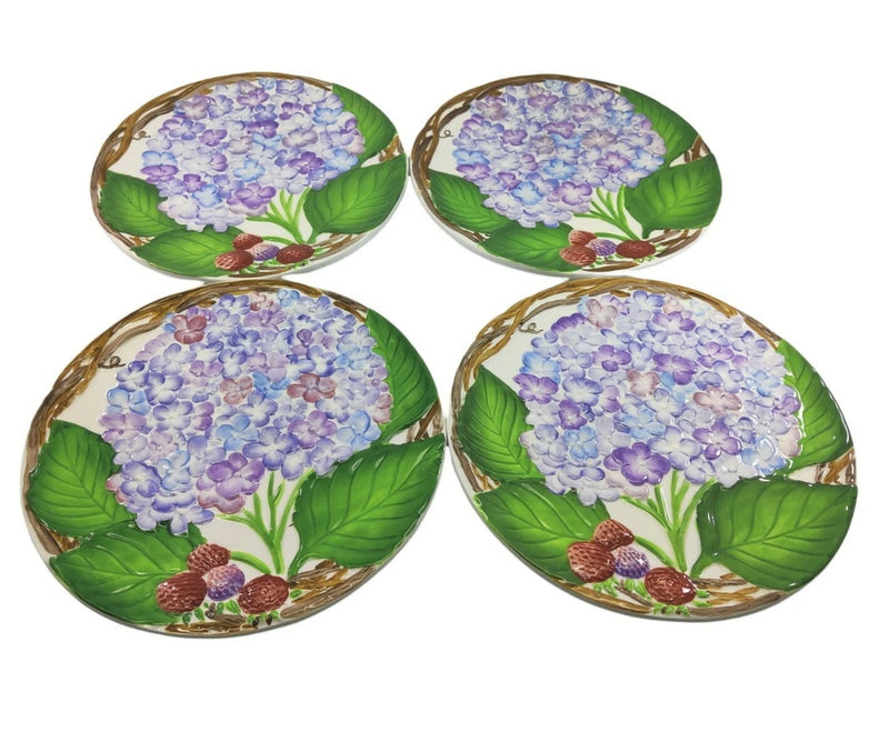 Jeanne Burey Majiolica Hydrangeas and Berries with Vine Trim Pottery Plates Set Hydrangea