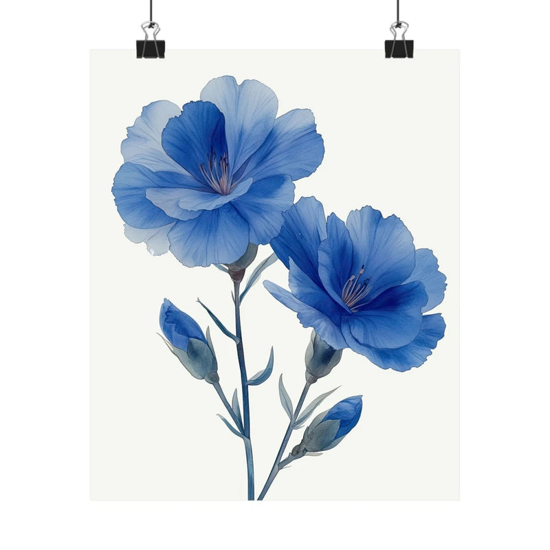 Blue carnation flower art print poster with three blue blooms