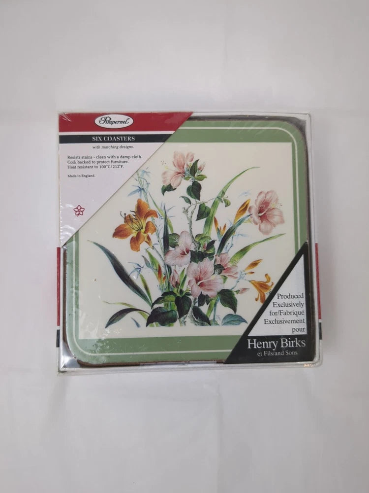 Vintage Pimpernel Coasters 'Oriental Flower' Lily New Set Of 6 Cork Back Cottage Lily