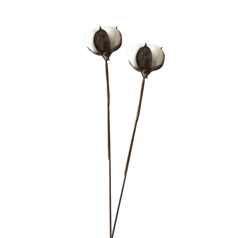 Artificial dried cotton stem branch with two dark round pods