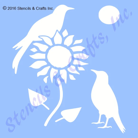 Sunflower stencil template with bird and leaf shapes