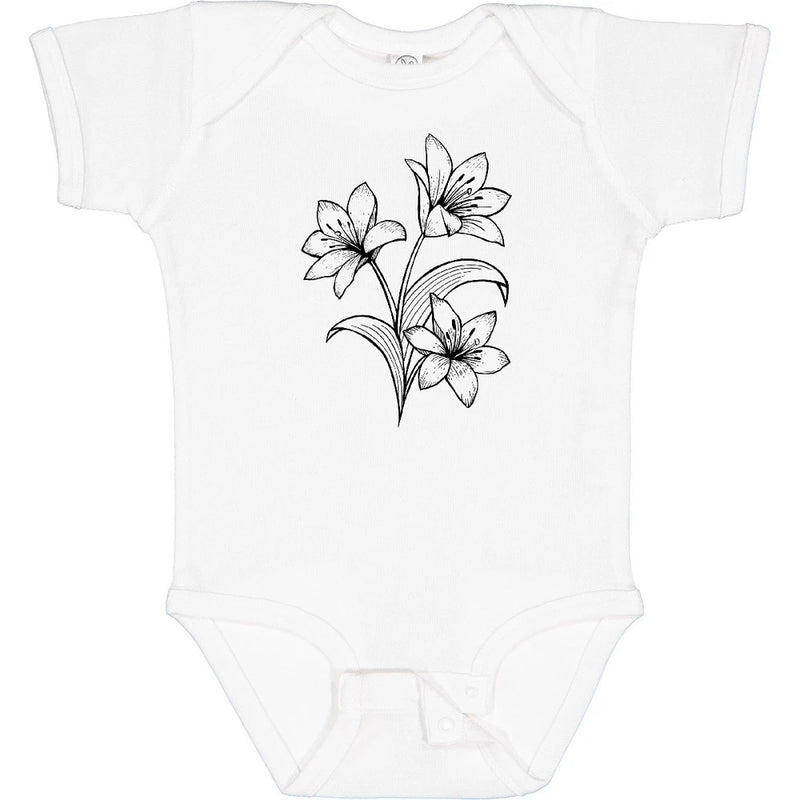 White baby bodysuit with black lily flower line art on the front