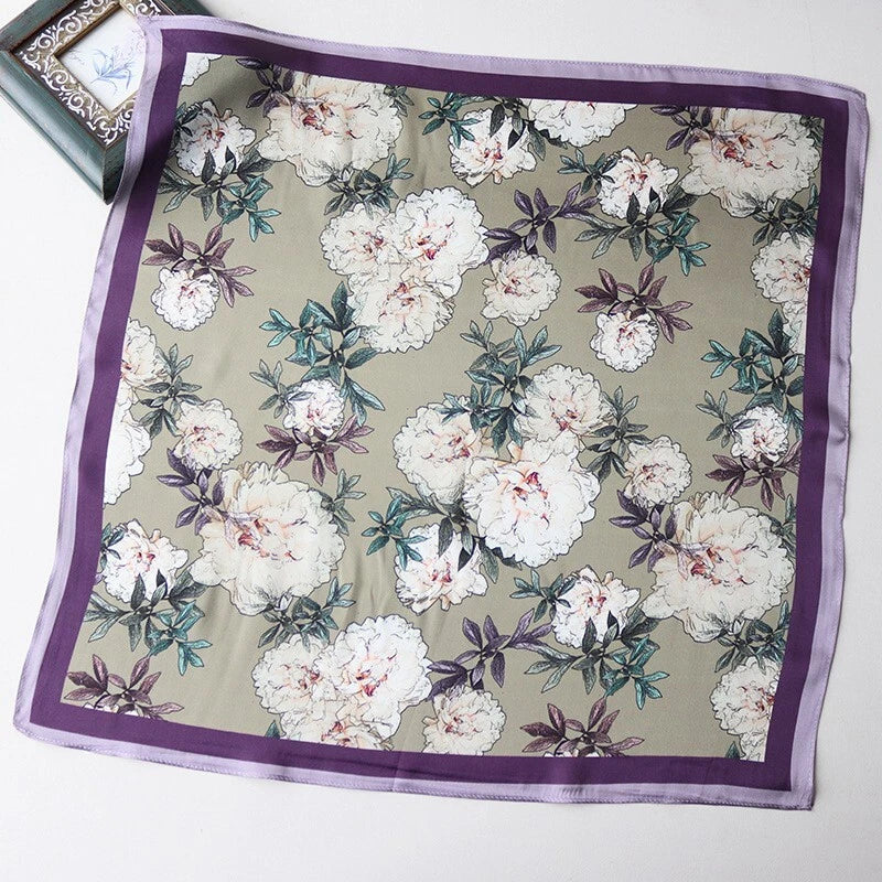 Floral silk square scarf with peony blossoms and purple border, women’s kerchief