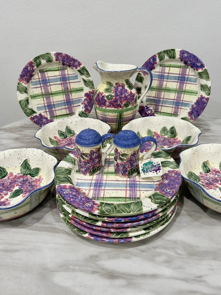 Vintage 15 Piece Enesco Julie Ueland Dinner Set Purple Hydrangeas Flowers Plates Hydrangea