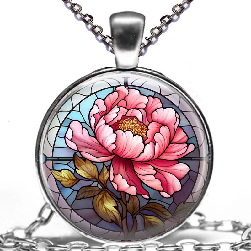 Peony flower garden blooms pendant necklace with faux stained glass round charm