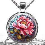 Pinks & Blue Peony Flower Garden Blooms Gift Necklace 24" Faux Stained Glass Art Peony