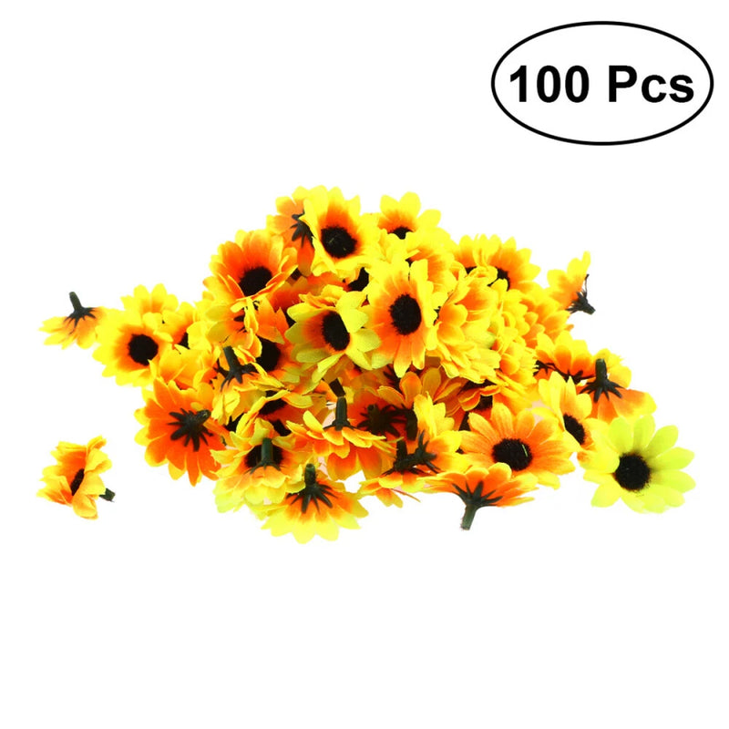 100-pack artificial sunflower heads with yellow/orange petals, dark centers, green stems