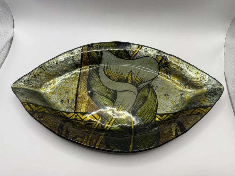 Lily Flower Leaf Design Elongate Platter Gold Silver Brown Green Colors Paint Lily