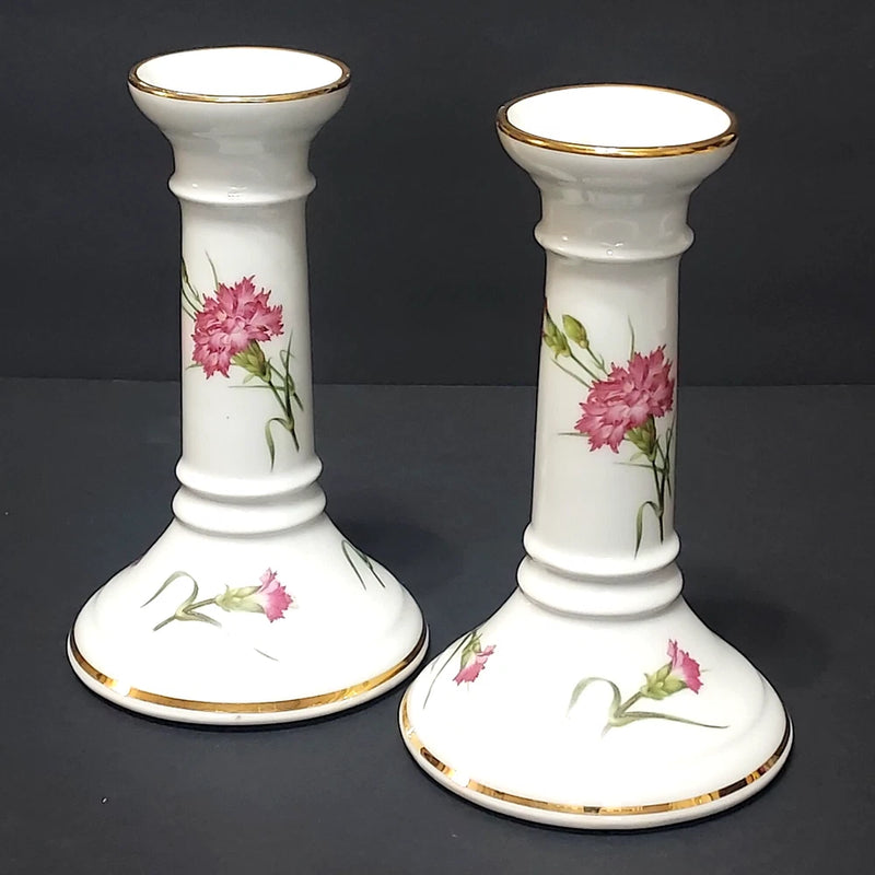 Pair of Limoges Carnation Flowers Candlestick Holder P. Pastaud Limoges France Carnation