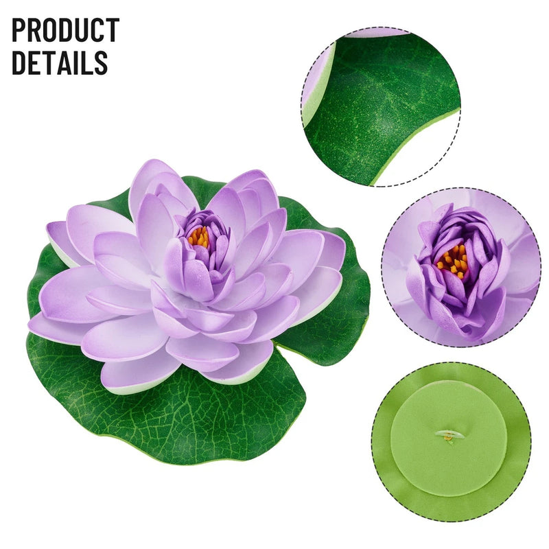 Floating plastic water lily decor with lilac flower and green lily pad for ponds