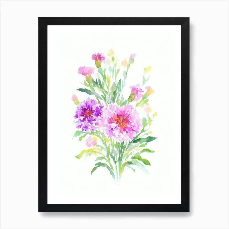 Framed watercolor carnation flower wall art print with pink and purple blooms