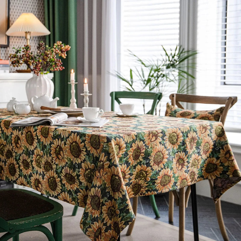 Sunflower oil-paint style tablecloth with dark floral pattern on dining table
