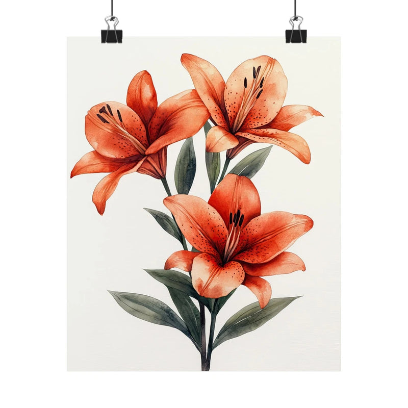 Floral lily art print poster with orange and red lilies and green leaves