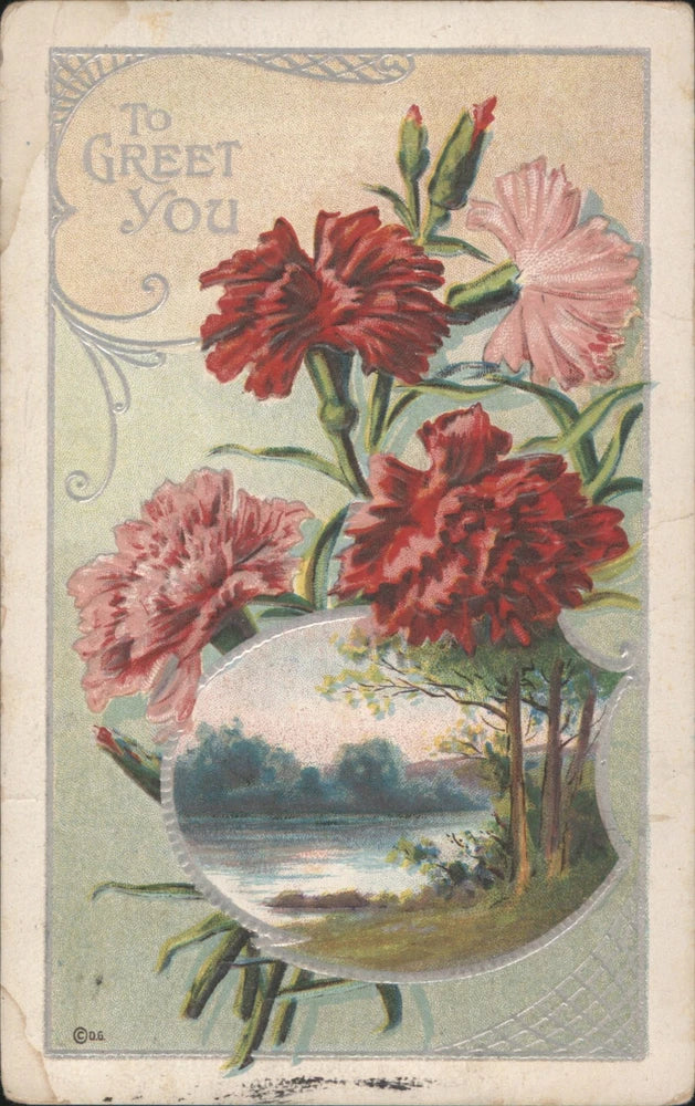 Vintage greeting card with red pink carnations flowers over a lake landscape background