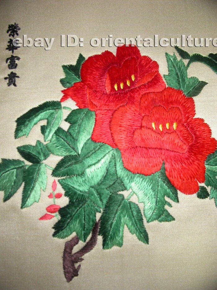 Red peony silk embroidery with green leaves, hand-stitched floral art