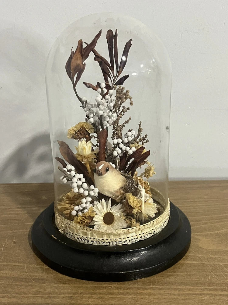 Glass dome dried flower bird diorama with small bird figurine and white blossoms