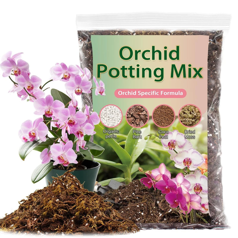 Orchid potting mix bag for repotting with label showing orchid-specific formula
