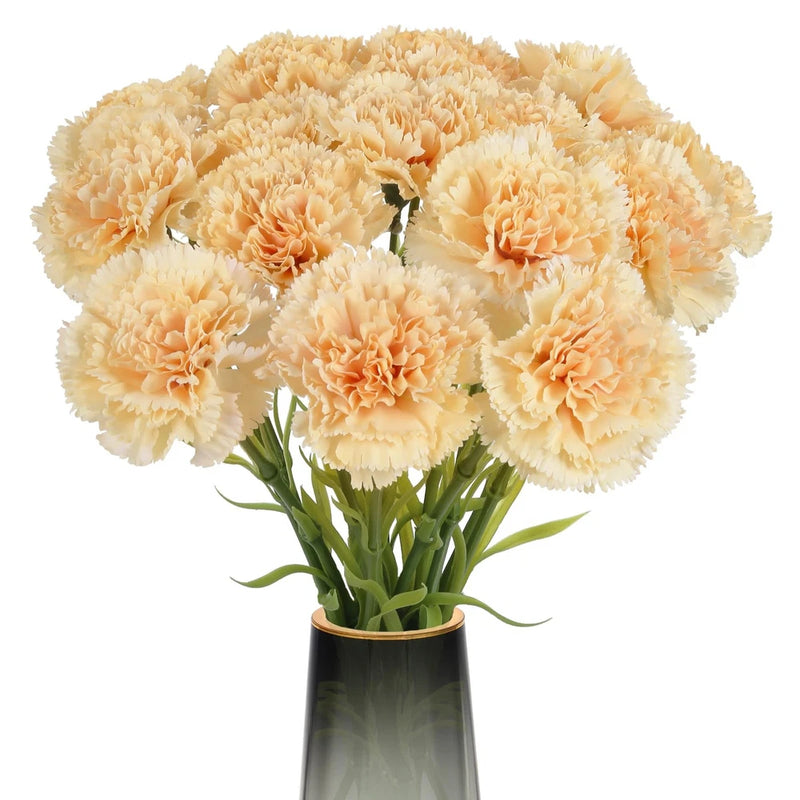 Artificial champagne silk carnation bouquet with multiple long stems in a vase