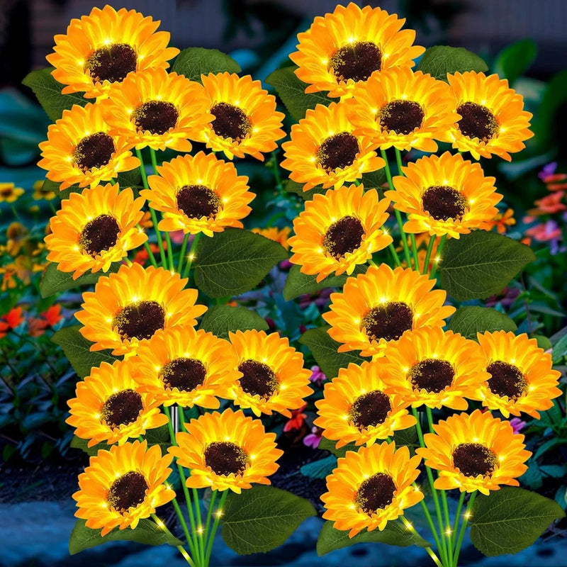 4 Pack with 24 Solar Sunflower 4 Lights, Warm White Sunflower