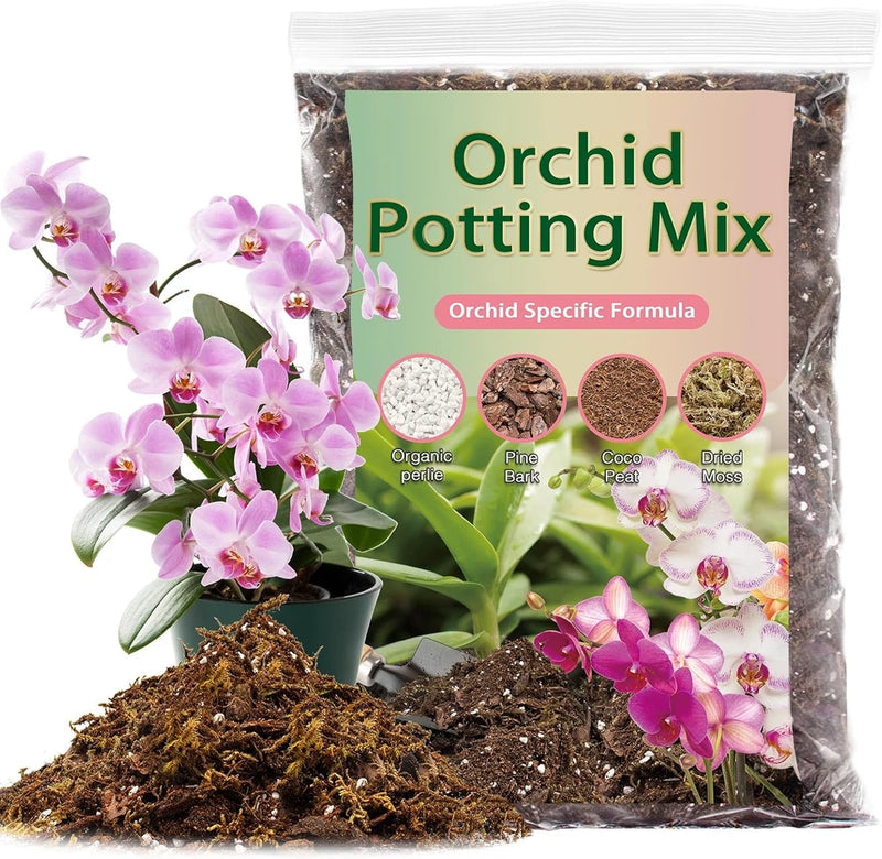 Orchid potting mix bag with granular bark and orchid flower label