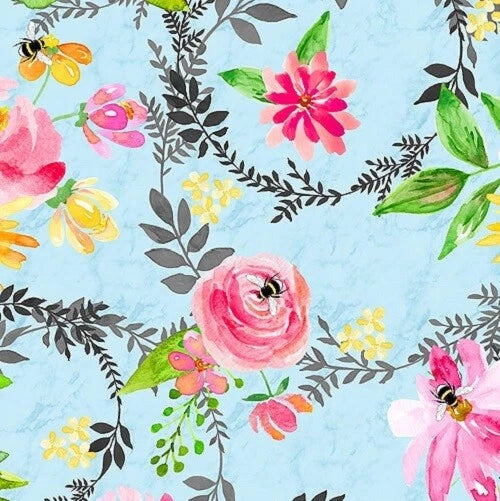 Boho Bouquet - Honeybee Garden - Lt Blue  by Hope Yoder cotton fabric Bouquet
