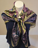 FLORAL Scarf Damask Border Polyester Lilies Shiny Olive Navy Lavender Korea 41" Lily