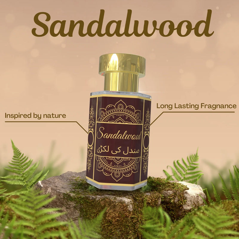 Sandalwood perfume attar oil bottle with gold cap and dark decorative label