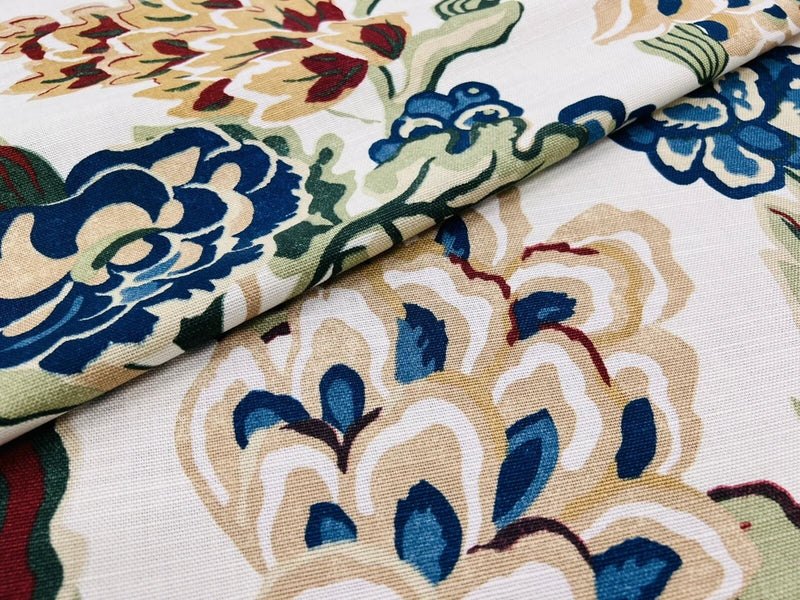 Thibaut Floral Print Linen Upholstery Fabric- Navesink / Cream Navy #F985033 Flowering Plants