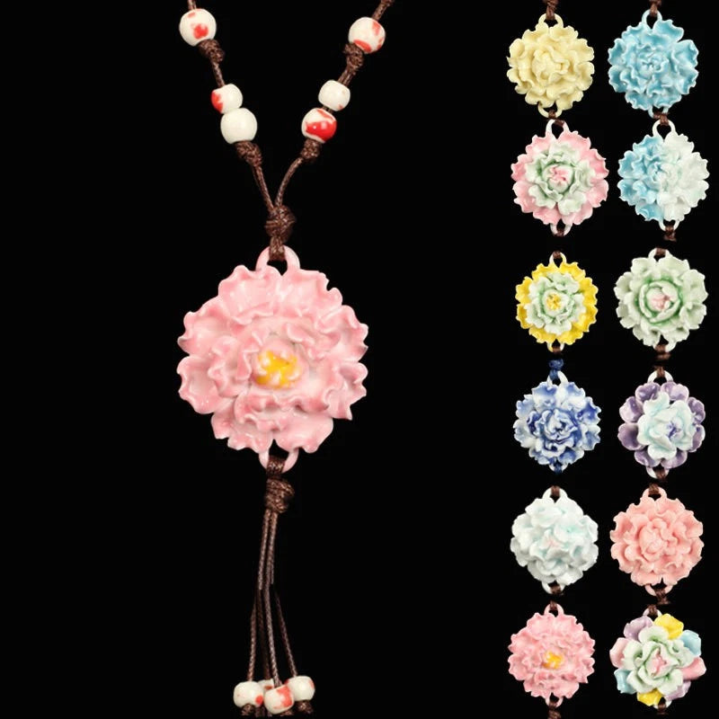 Pink peony flower pendant necklace with beaded tassel and long cord chain