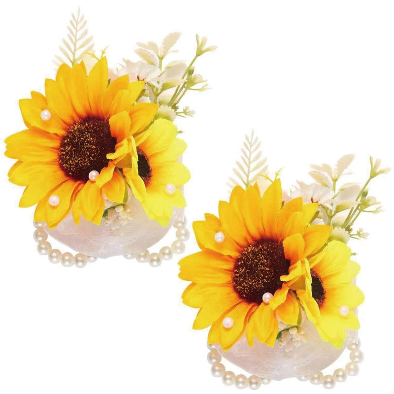 2 PCS Yellow Sunflower Wrist Corsage Artificial Silk Hand Flower Wedding Sunflower