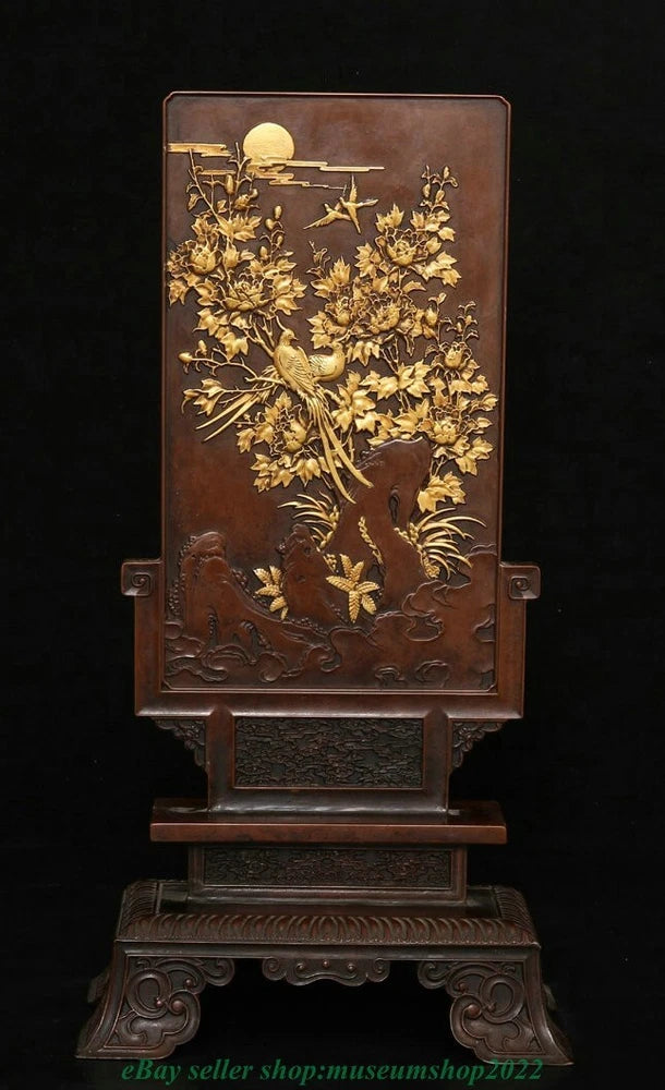 Copper gilded screen statue with peony flowers and a bird motif, raised panel on base
