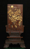 Copper gilded screen statue with peony flowers and a bird motif, raised panel on base