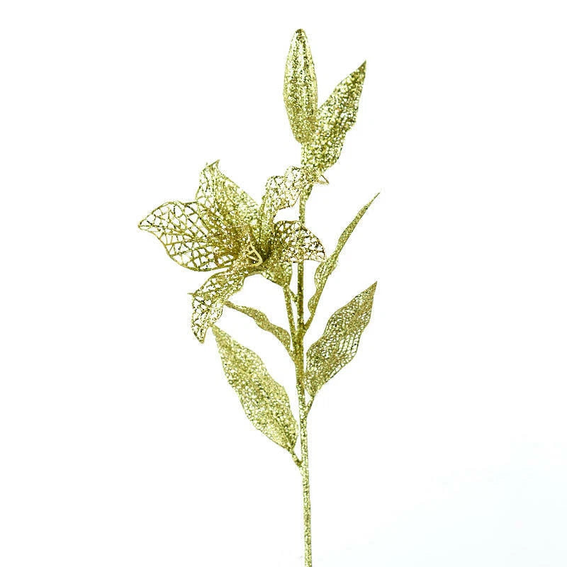 Glittering sheer lily floral stem with veined petals, gold tone, slender green stem