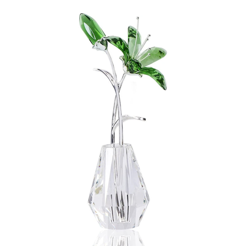 Handmade crystal lily flower figurine with stems, clear crystal and green leaves