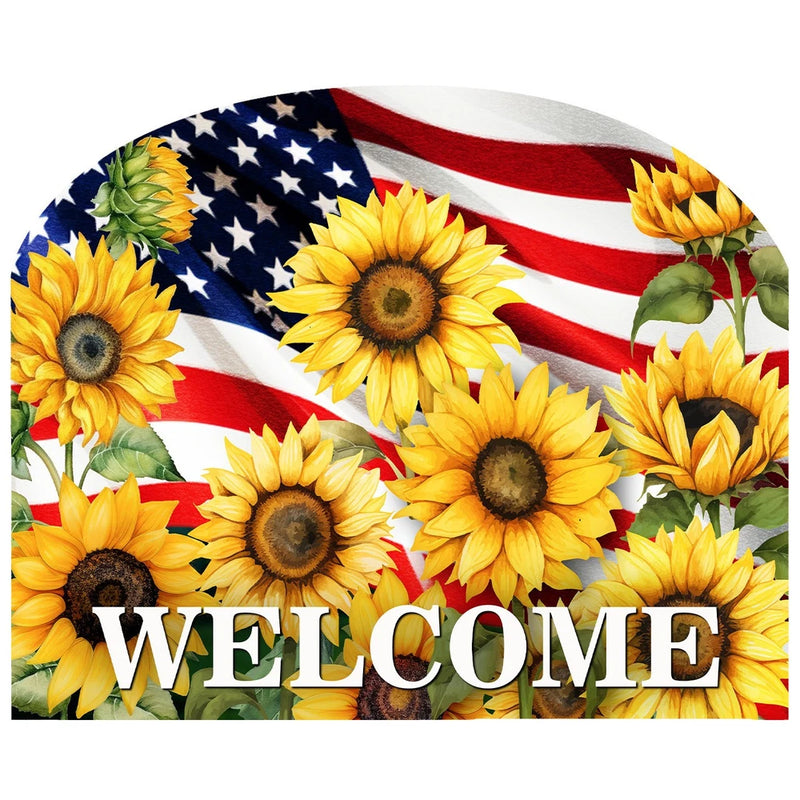 Acrylic art sign with sunflowers, American flag stripes, and 'WELCOME' text