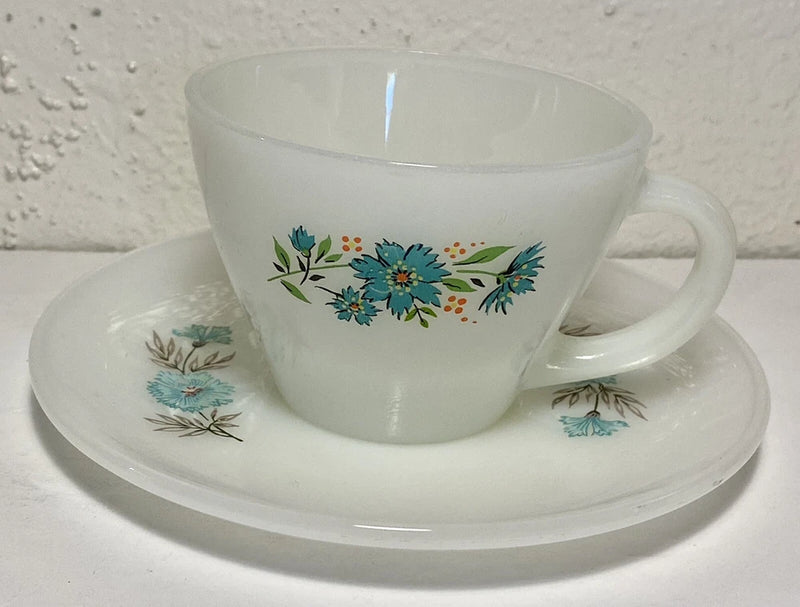 Vintage Fire King Oven Ware Bonnie Blue Carnation Flower Coffee Tea Cup Saucer Carnation