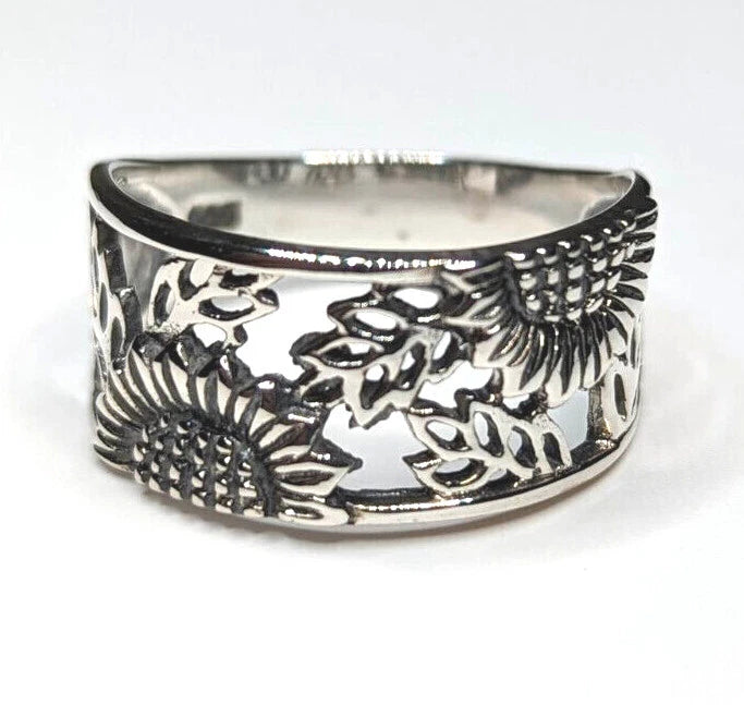 Sterling silver ring with etched sunflower and leaf design, wide band