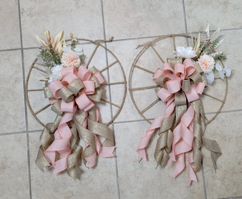 2 Wreath ELEGANT pretty Peach Beige White BIG  Bow Wheel Jute Twine Light Brown Hydrangea