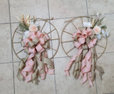 2 Wreath ELEGANT pretty Peach Beige White BIG  Bow Wheel Jute Twine Light Brown Hydrangea