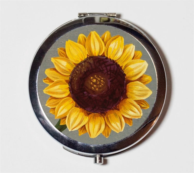 Sunflower boho compact mirror with round frame and open clasp