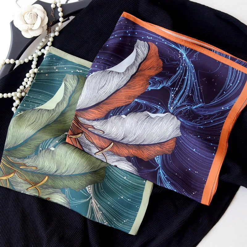 Square mulberry silk shawl with lily artwork, purple blue print and orange edge border