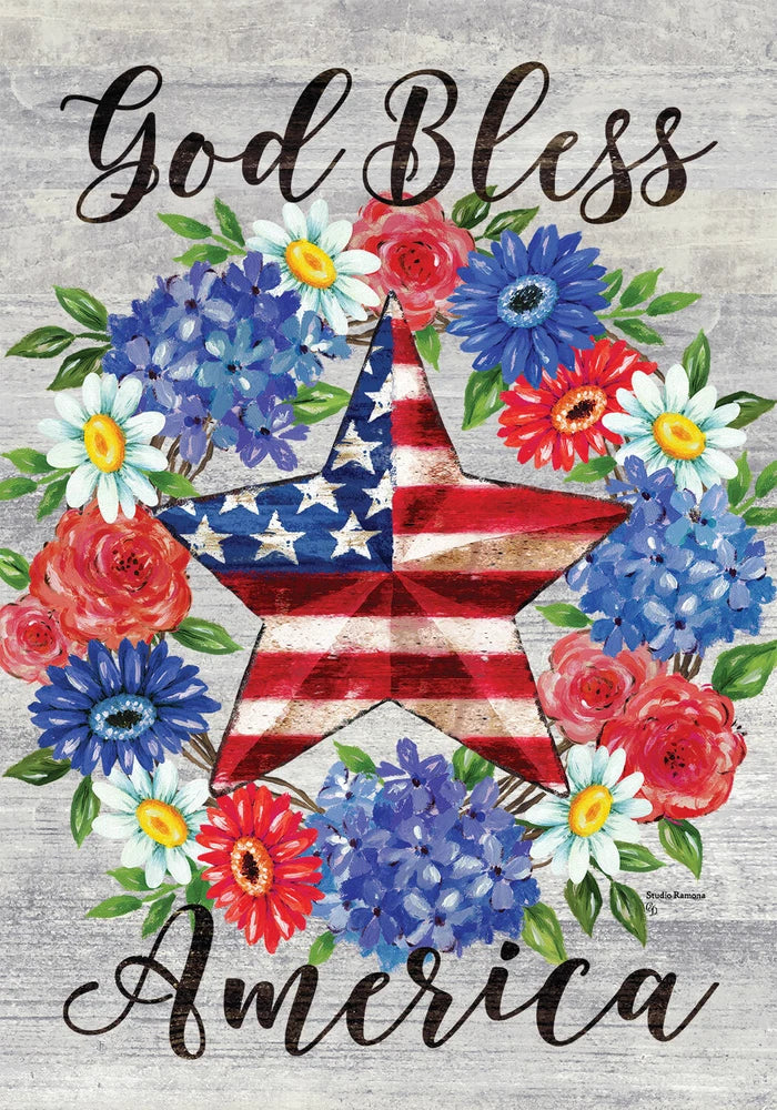 Patriotic Star God Bless America Gerbera Hydrangea Daisy Flower House Flag 40x28 Hydrangea