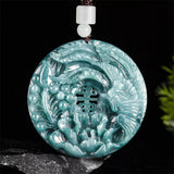 Natural Grade A Jade Jadeite Men Women Carved Phoenix Peony Flower Round Pendant Peony