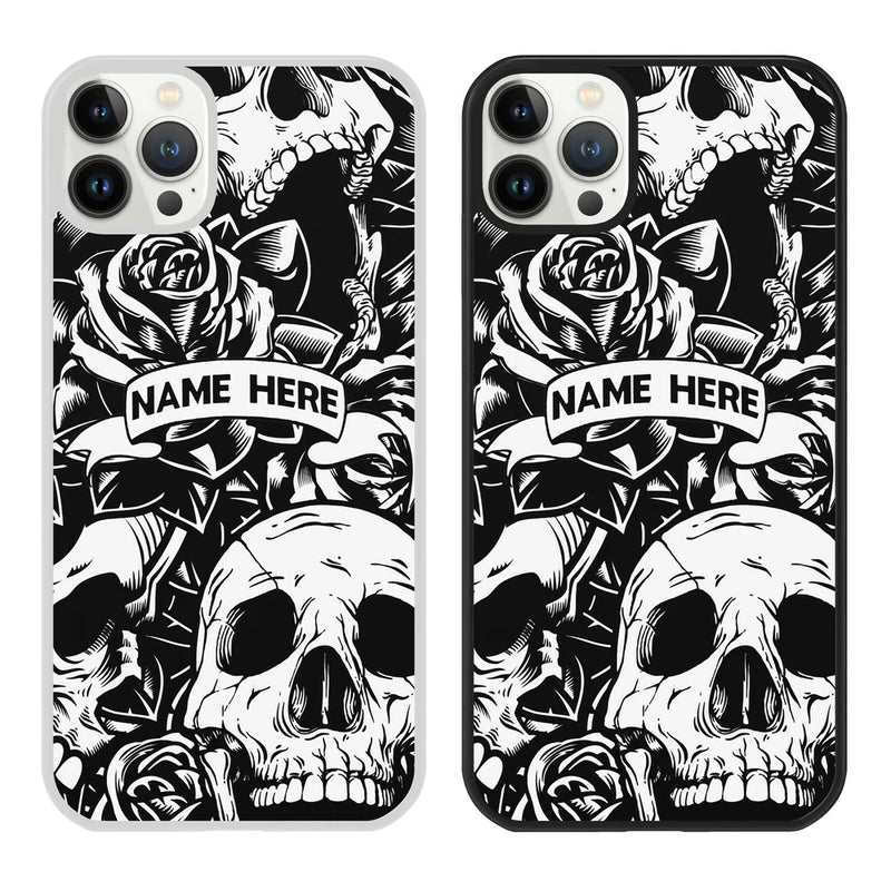 Black phone case with skull, roses, and skeleton hand art; name banner text 'NAME HERE'