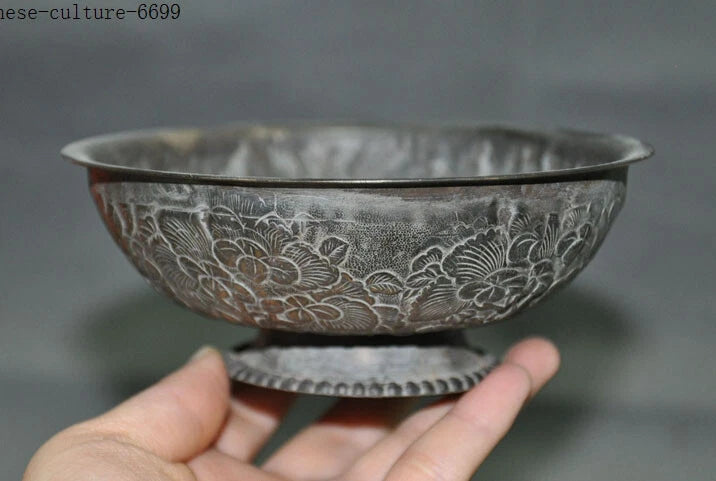 5'' Chinese bronze Peony flower Dynasty palace Tea cup Bowl statue Peony