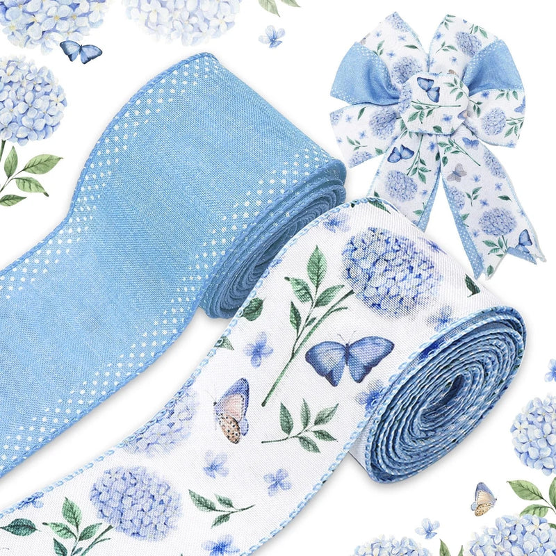 Blue Hydrangea Flower Wired Edge Ribbon Watercolor Butterfly Floral Craft Fabric Hydrangea
